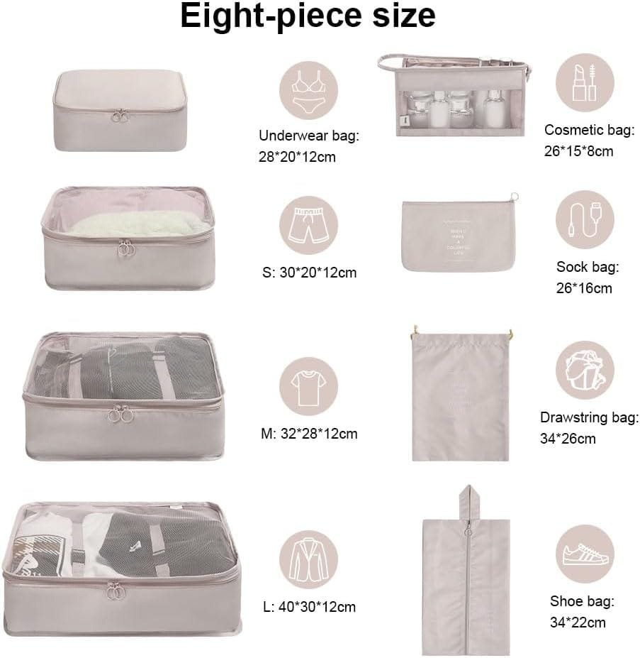 OSDUE Organizadores para Maletas, 8 Set de Organizador de Equipaje, Impermeable Organizador de Maleta, para de Viaje, Zapatos, Cubos de Embalaje Ropa, Cosméticos, Ropa Interior, Beige - Imagen 2