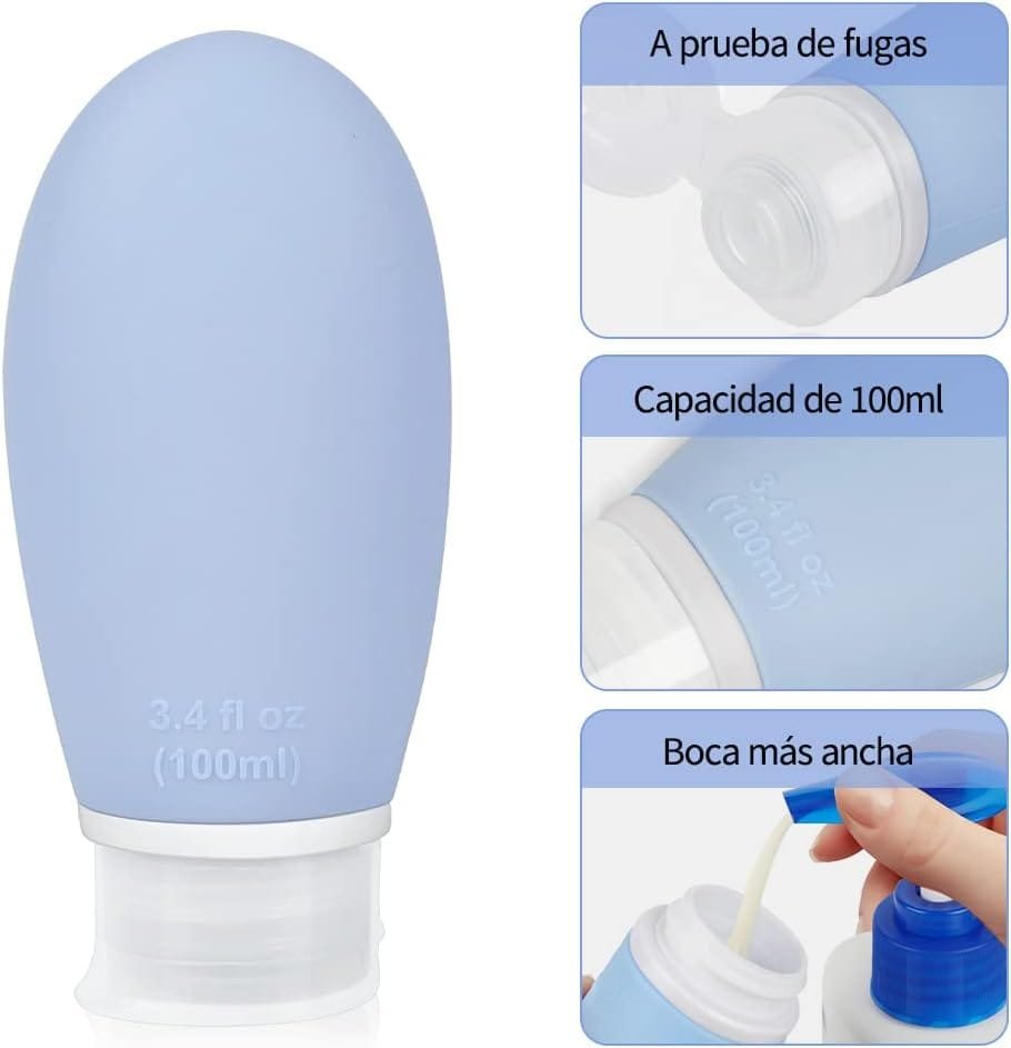 Opret Botes Viaje Rellenables 100ml 3 Piezas, Botellas de Viaje Silicona para Gel y Champu, Botes Viaje a Prueba de Fugas para Gel, Champús, Lociones y Artículos de Tocador, FDA Certificado Sin BPA - Imagen 3