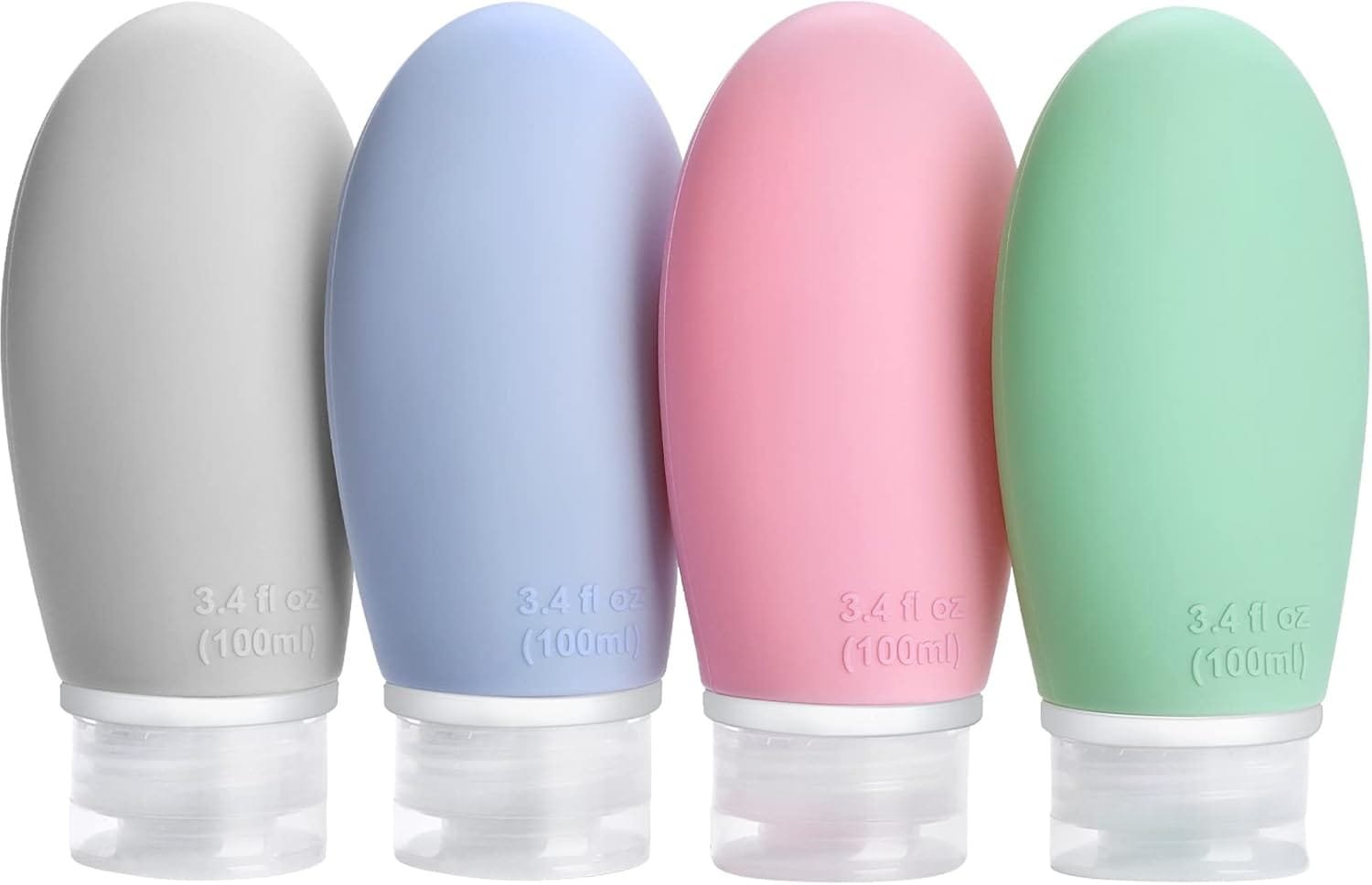 Opret Botes Viaje Rellenables 100ml 4 Piezas, Botellas de Viaje Silicona para Gel y Champu, Botes Viaje a Prueba de Fugas para Gel, Champús, Lociones y Artículos de Tocador, FDA Certificado Sin BPA