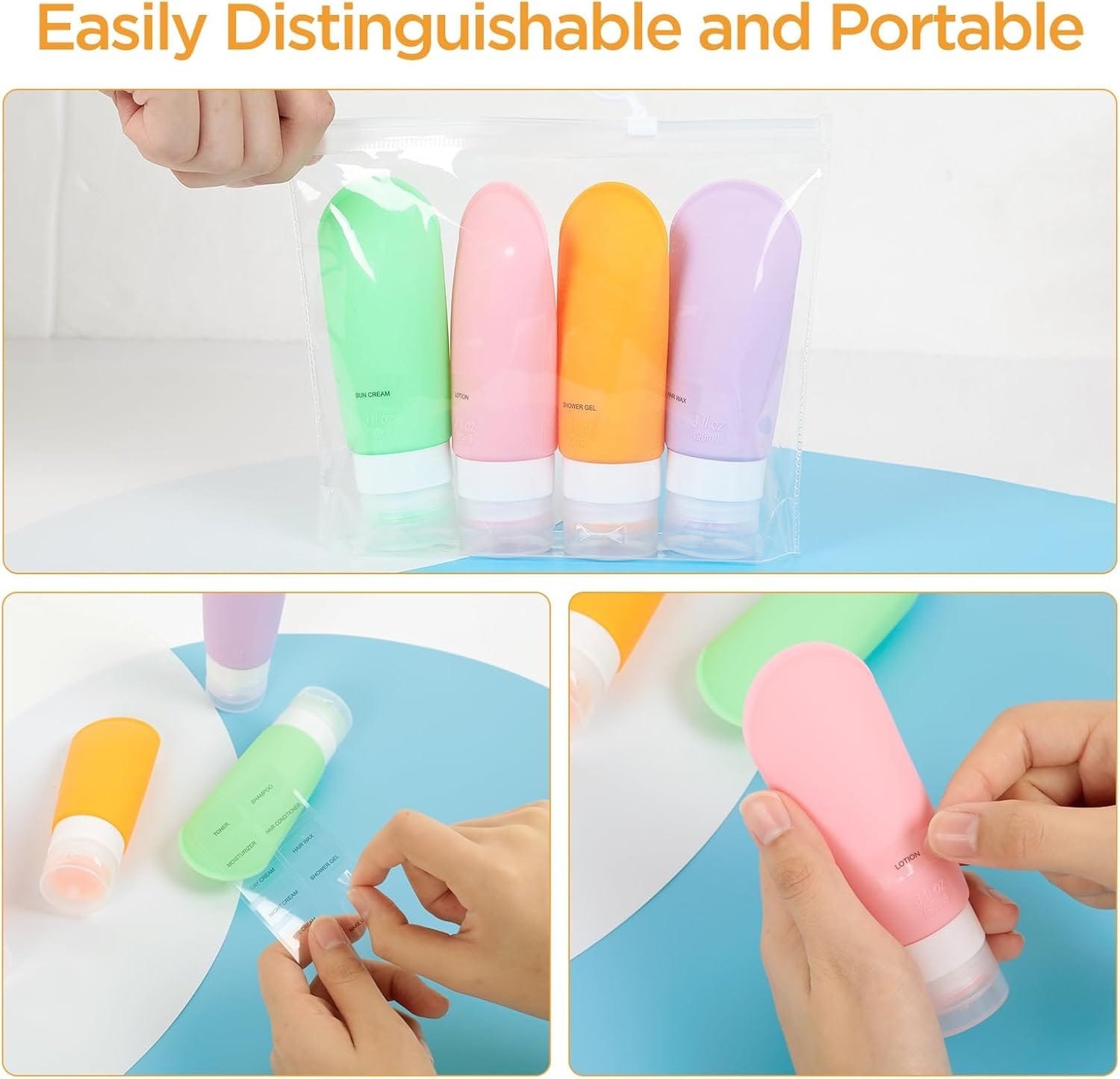 AiQInu Botes Viaje Rellenables 90ml, 4 Piezas Botellas de Viaje de Silicona Prueba de Fugas para Champús, Lociones y Artículos de Tocador, FDA Certificado Sin BPA - Imagen 6