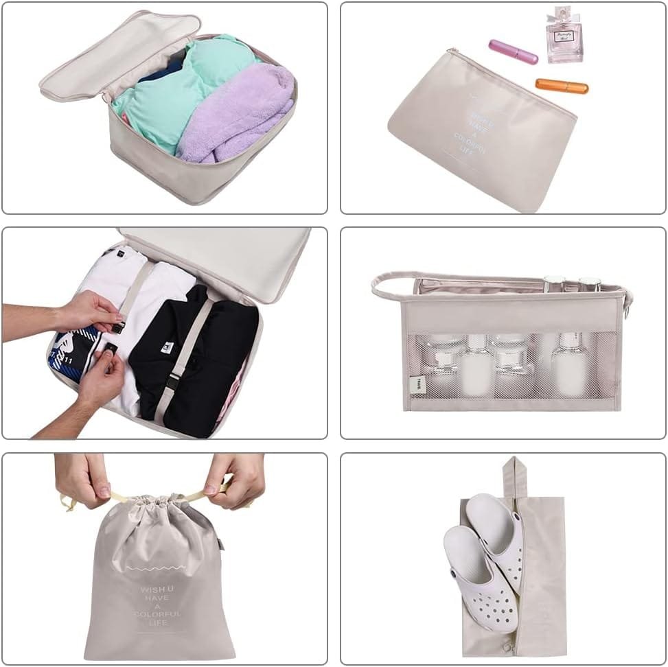 OSDUE Organizadores para Maletas, 8 Set de Organizador de Equipaje, Impermeable Organizador de Maleta, para de Viaje, Zapatos, Cubos de Embalaje Ropa, Cosméticos, Ropa Interior, Beige - Imagen 5