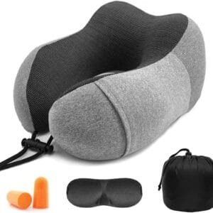 Newaner Almohada de Viaje Viscoelástica de Espuma, Almohada de Memoria, Almohada ortopédica Cervical para Avión Tren Coche Viajando con máscara de Ojos y Tapones para los oídos(Gris)