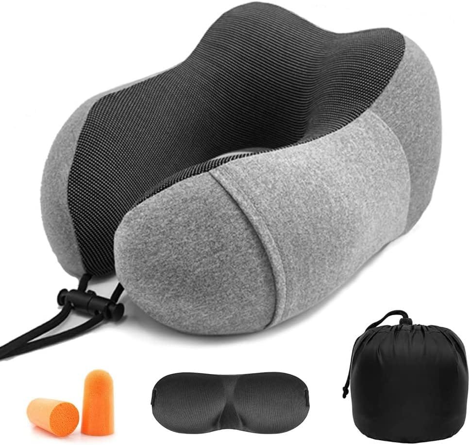 Newaner Almohada de Viaje Viscoelástica de Espuma, Almohada de Memoria, Almohada ortopédica Cervical para Avión Tren Coche Viajando con máscara de Ojos y Tapones para los oídos(Gris)