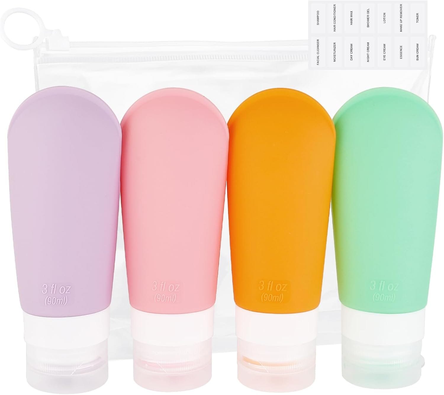 AiQInu Botes Viaje Rellenables 90ml, 4 Piezas Botellas de Viaje de Silicona Prueba de Fugas para Champús, Lociones y Artículos de Tocador, FDA Certificado Sin BPA