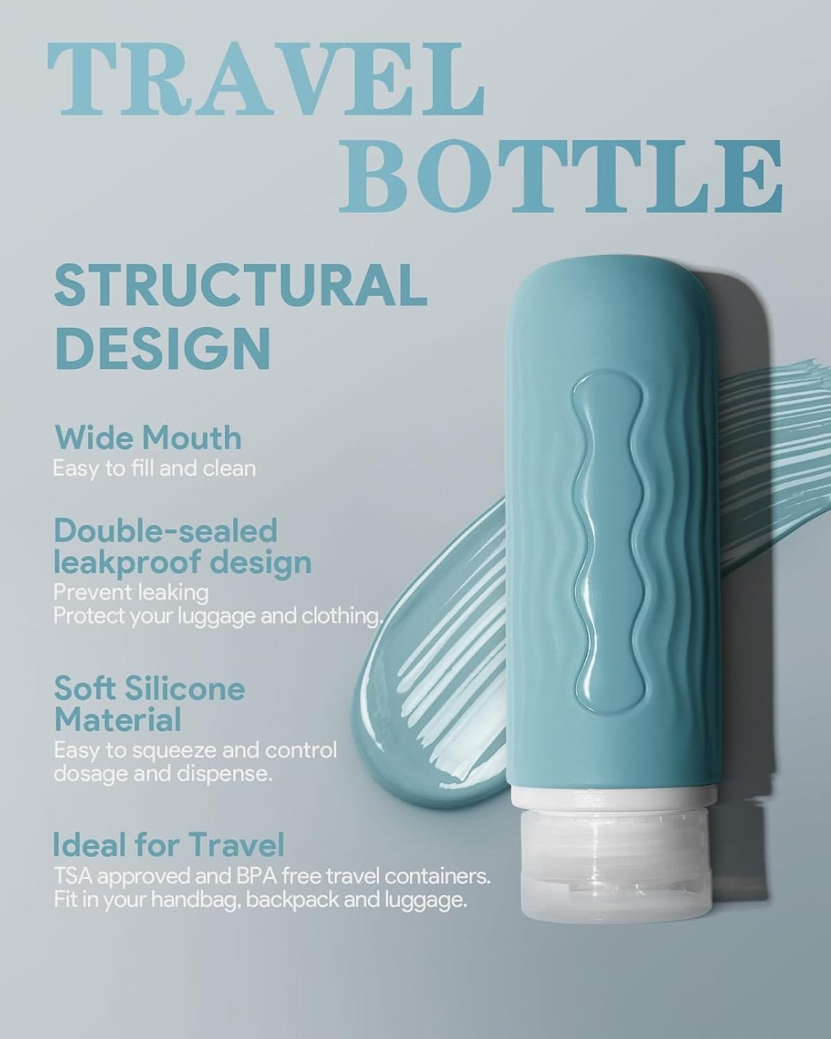 Yinke Botellas de silicona de viaje para artículos de tocador, aprobados por la TSA, recipientes de tamaño de viaje de 3 onzas y sin BPA, a prueba de fugas, accesorios de viaje recargables para champú - Imagen 3