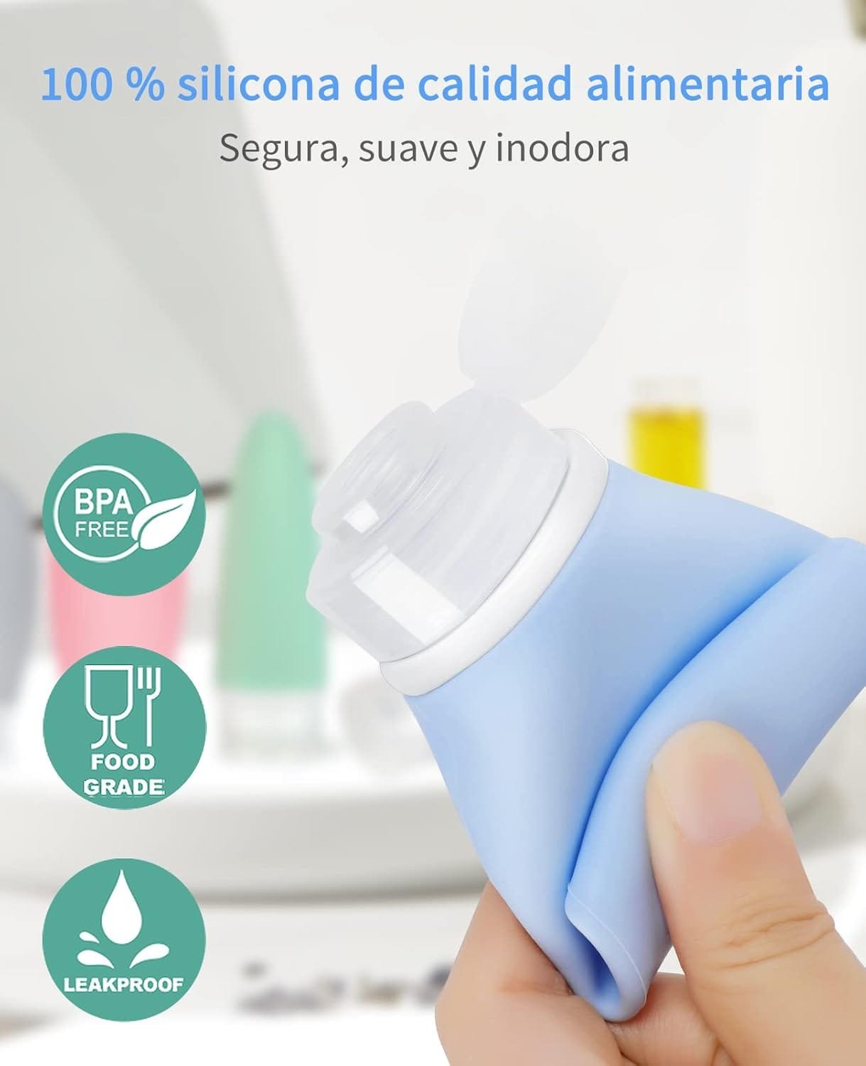 Botellas de Viaje Silicona 18 Pack, Opret Botes Rellenables Viaje de 100ml a Prueba de Fugas para Gel, Champús, Lociones y Artículos de Tocador, FDA Certificado Sin BPA - Imagen 4