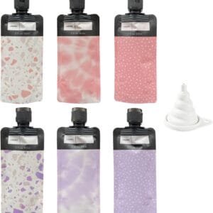 6 Botellas De Viaje Exprimibles De 90 Ml Y 1 Embudo, Bolsa De Viaje Para Artículos De Tocador, Bolsa Para Líquidos, Contenedor De Cosméticos Para Almacenamiento Dividido (Rosa, Morado)