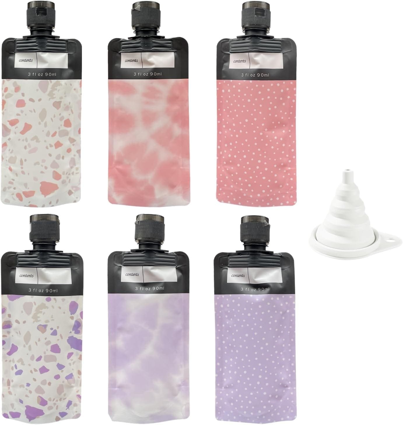 6 Botellas De Viaje Exprimibles De 90 Ml Y 1 Embudo, Bolsa De Viaje Para Artículos De Tocador, Bolsa Para Líquidos, Contenedor De Cosméticos Para Almacenamiento Dividido (Rosa, Morado)