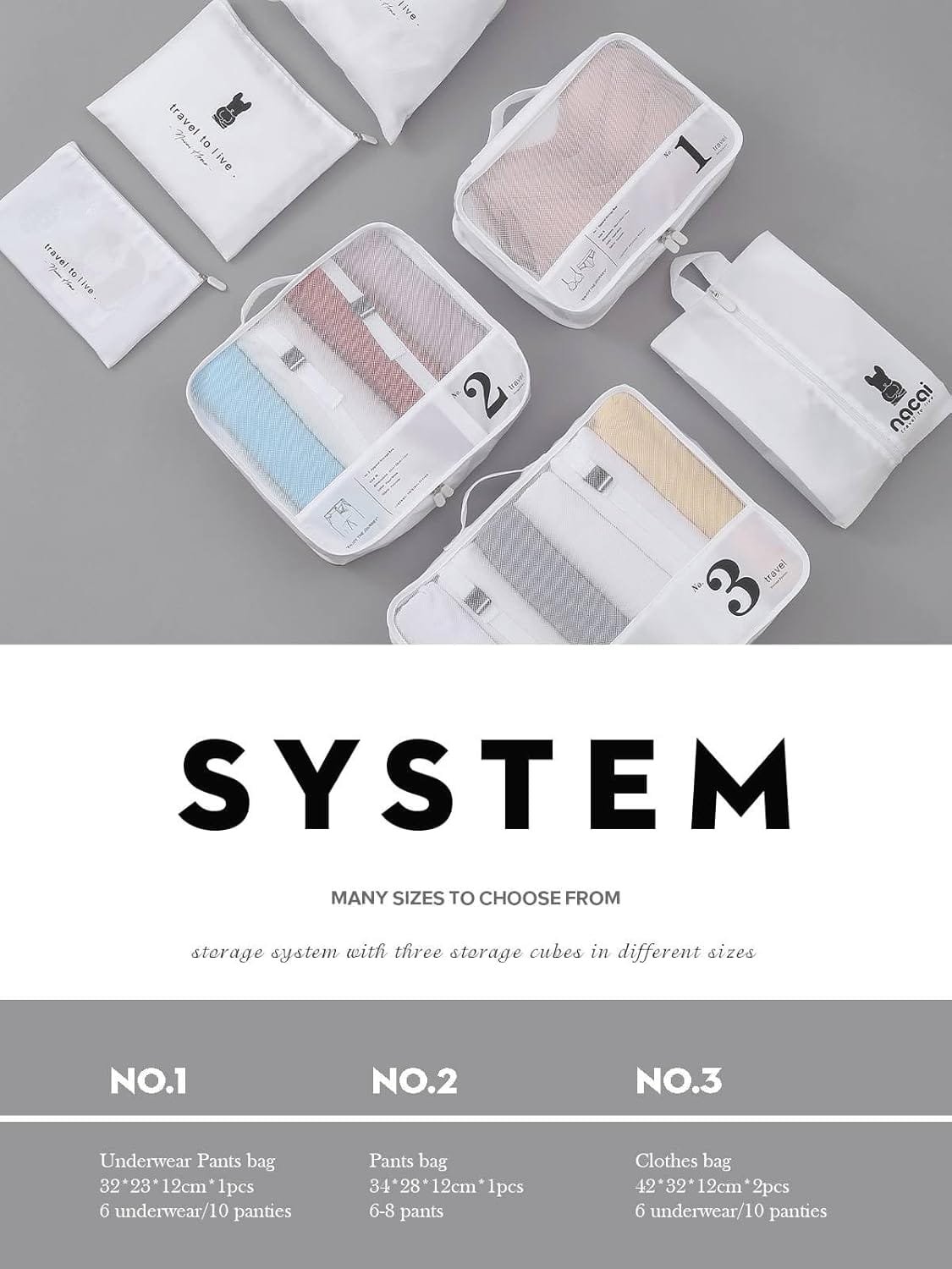 Lammcou Organizador Maleta, 8 en 1 Bolsas de equipaje De Viaje,Packing Cubes con bolsa para cosméticos, bolsa para zapatos, sistema de organización de artículos de viaje para vacaciones y viajes White - Imagen 8