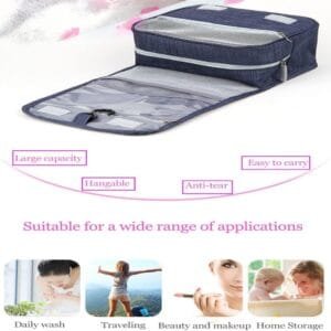Neceser de viaje,Bolsa de aseo de viaje suspendida,Multi-compartimentos para organizar artículos personales,Gancho de metal para colgar, Azul marino