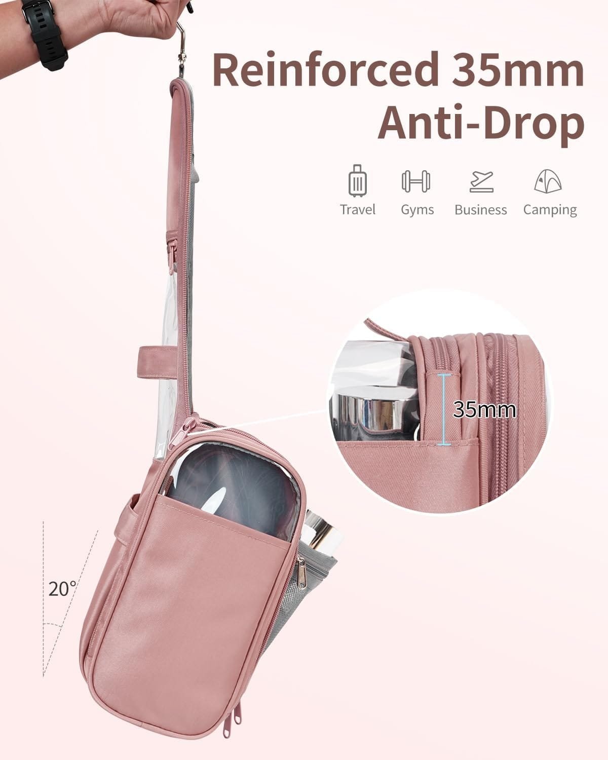 ECOHUB 9L Neceser Viaje Mujer Colgante, Grand Bolsa de Aseo con Gancho Giratorio de 360°, Neceser Maquillaje Organizador Impermeable para Artículos Tamaño Completo Viaje Accesorios, Rosa - Imagen 5