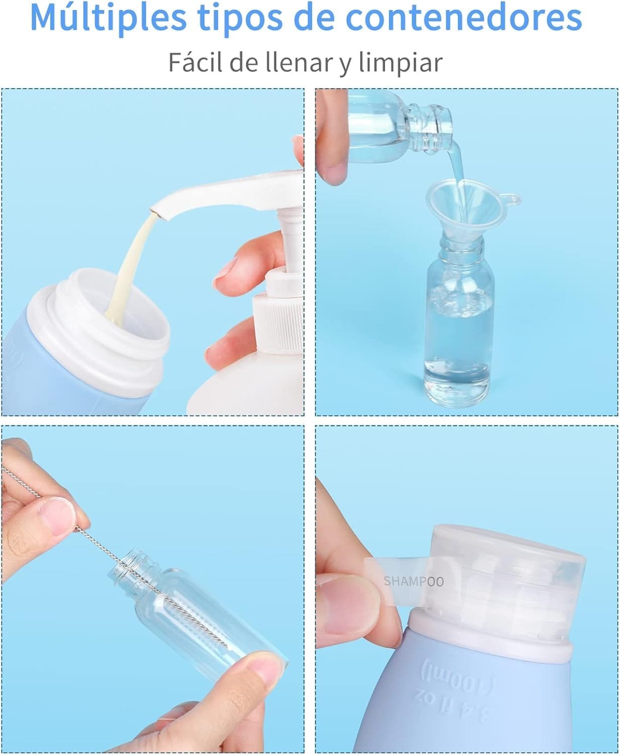 Botellas de Viaje Silicona 18 Pack, Opret Botes Rellenables Viaje de 100ml a Prueba de Fugas para Gel, Champús, Lociones y Artículos de Tocador, FDA Certificado Sin BPA - Imagen 5