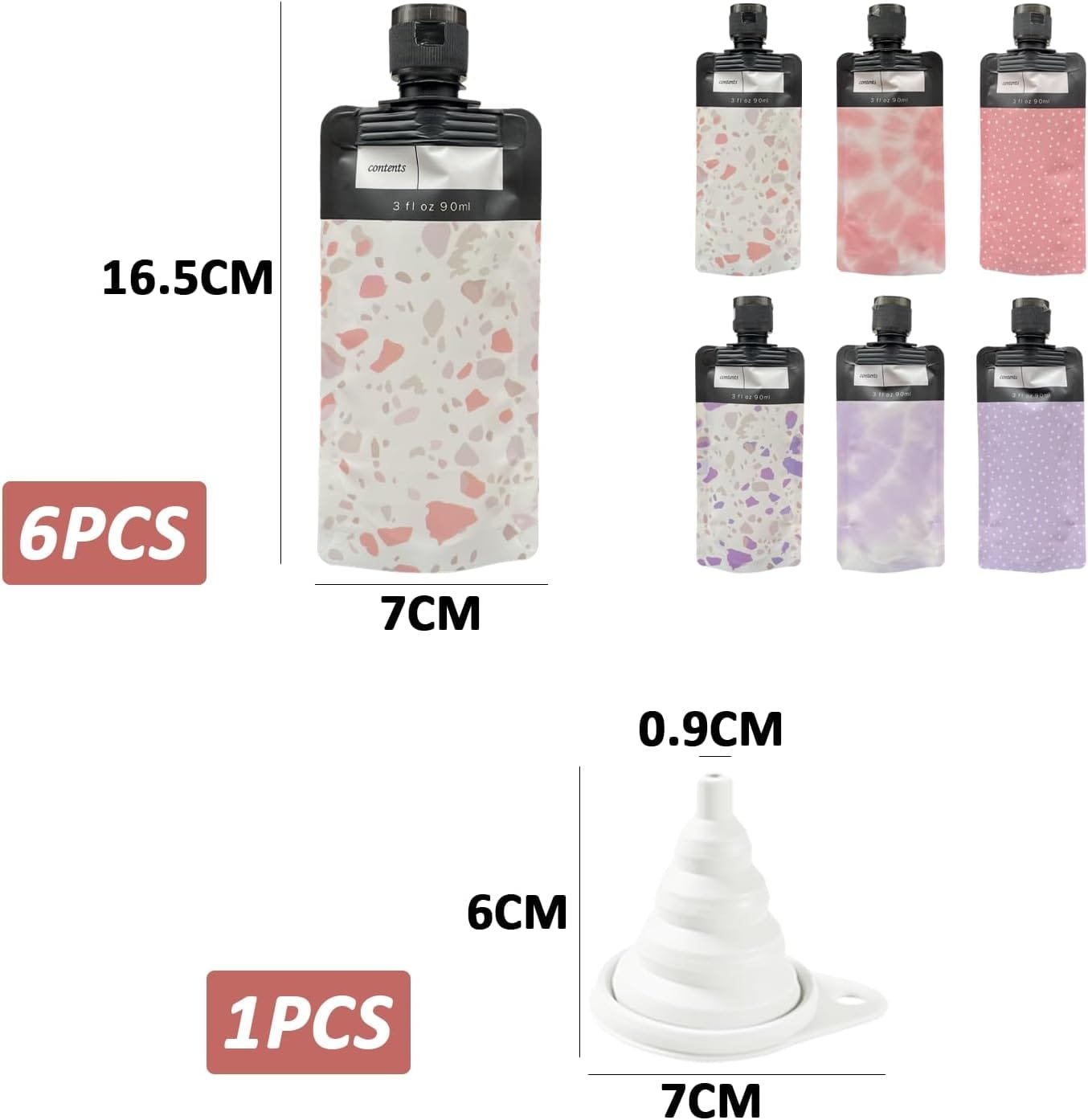 6 Botellas De Viaje Exprimibles De 90 Ml Y 1 Embudo, Bolsa De Viaje Para Artículos De Tocador, Bolsa Para Líquidos, Contenedor De Cosméticos Para Almacenamiento Dividido (Rosa, Morado) - Imagen 2