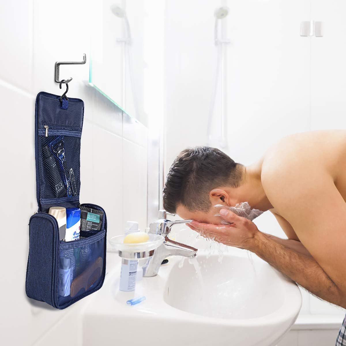 Derbway Bolso de Tocador con Ganchos, Neceser para Viaje Impermeable, Bolsillos Múltiples para Varios Artículos - Azul - Imagen 4