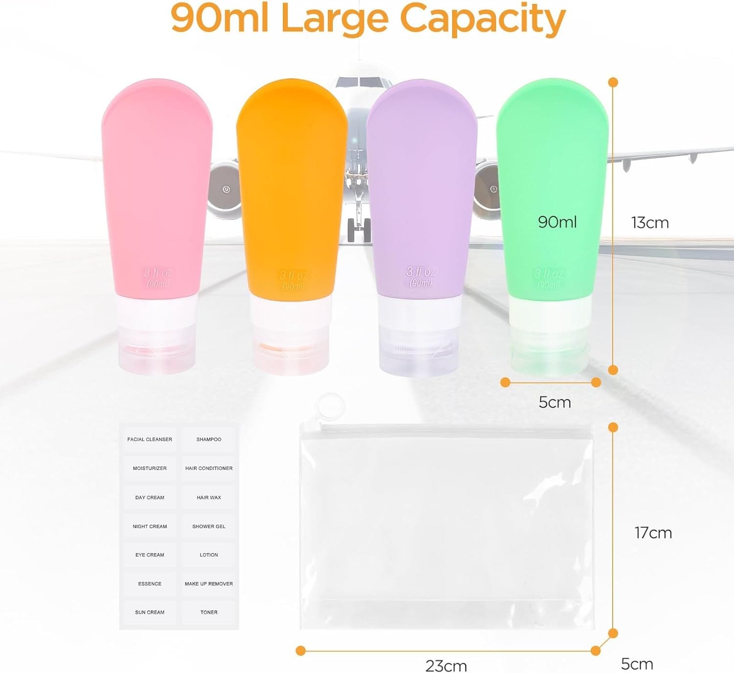 AiQInu Botes Viaje Rellenables 90ml, 4 Piezas Botellas de Viaje de Silicona Prueba de Fugas para Champús, Lociones y Artículos de Tocador, FDA Certificado Sin BPA - Imagen 2