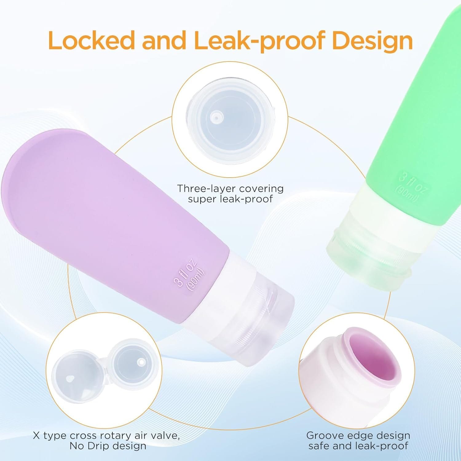 AiQInu Botes Viaje Rellenables 90ml, 4 Piezas Botellas de Viaje de Silicona Prueba de Fugas para Champús, Lociones y Artículos de Tocador, FDA Certificado Sin BPA - Imagen 4