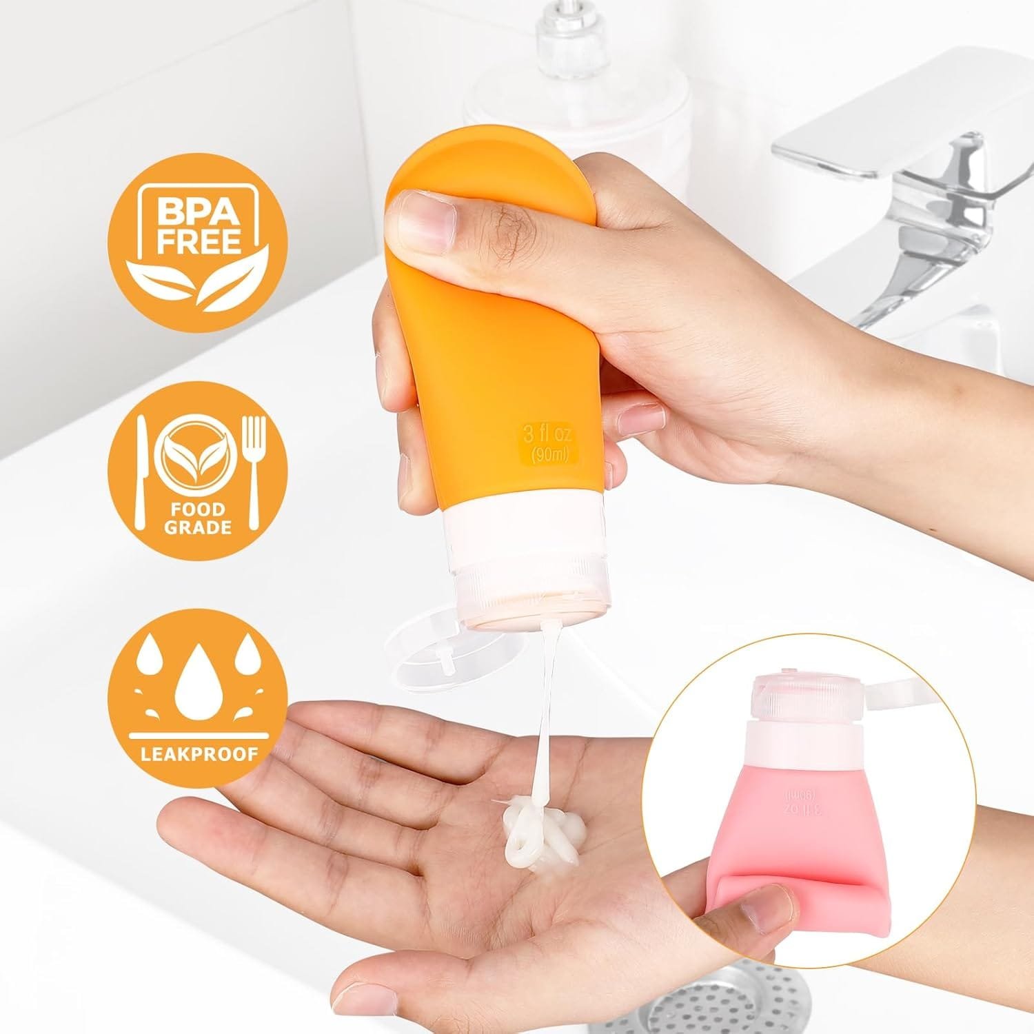 AiQInu Botes Viaje Rellenables 90ml, 4 Piezas Botellas de Viaje de Silicona Prueba de Fugas para Champús, Lociones y Artículos de Tocador, FDA Certificado Sin BPA - Imagen 5