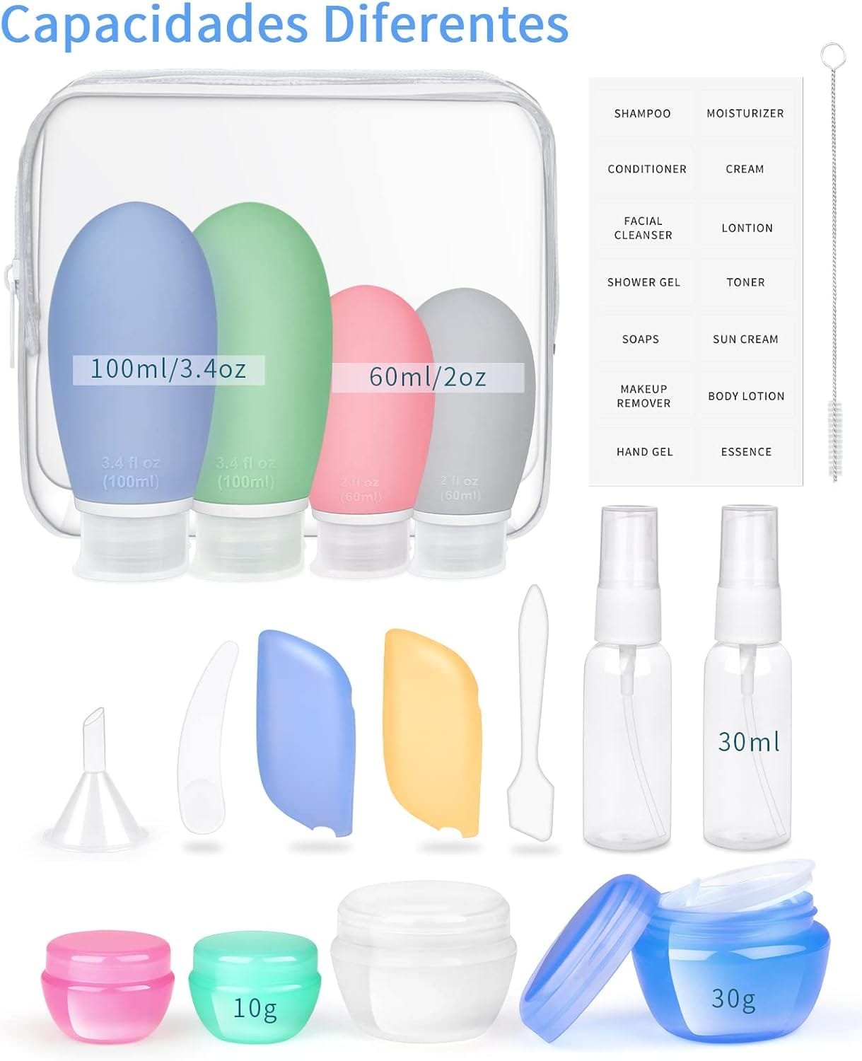 Botellas de Viaje Silicona 18 Pack, Opret Botes Rellenables Viaje de 100ml a Prueba de Fugas para Gel, Champús, Lociones y Artículos de Tocador, FDA Certificado Sin BPA - Imagen 2