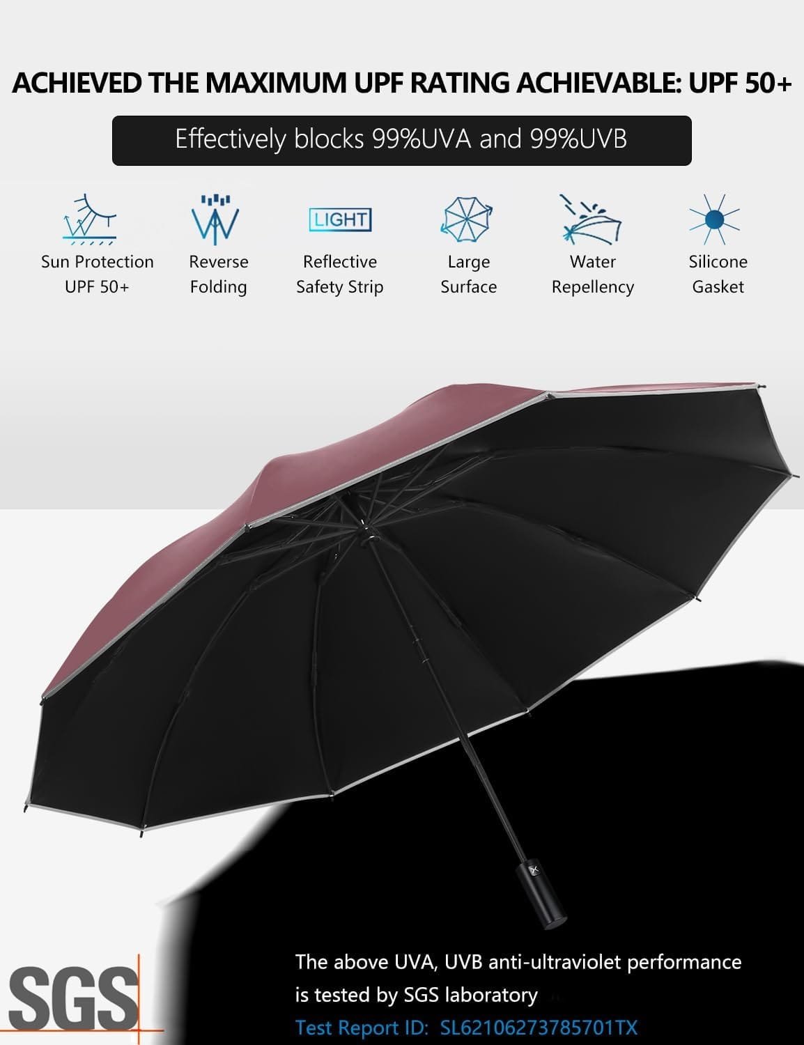 XIXVON Paraguas Pro | UPF 50+ 99% De ProteccióN UV, Banda De Seguridad Reflectante, Resistente Al Viento, PortáTil, AutomáTico | Paraguas Plegable Inverso - Imagen 2