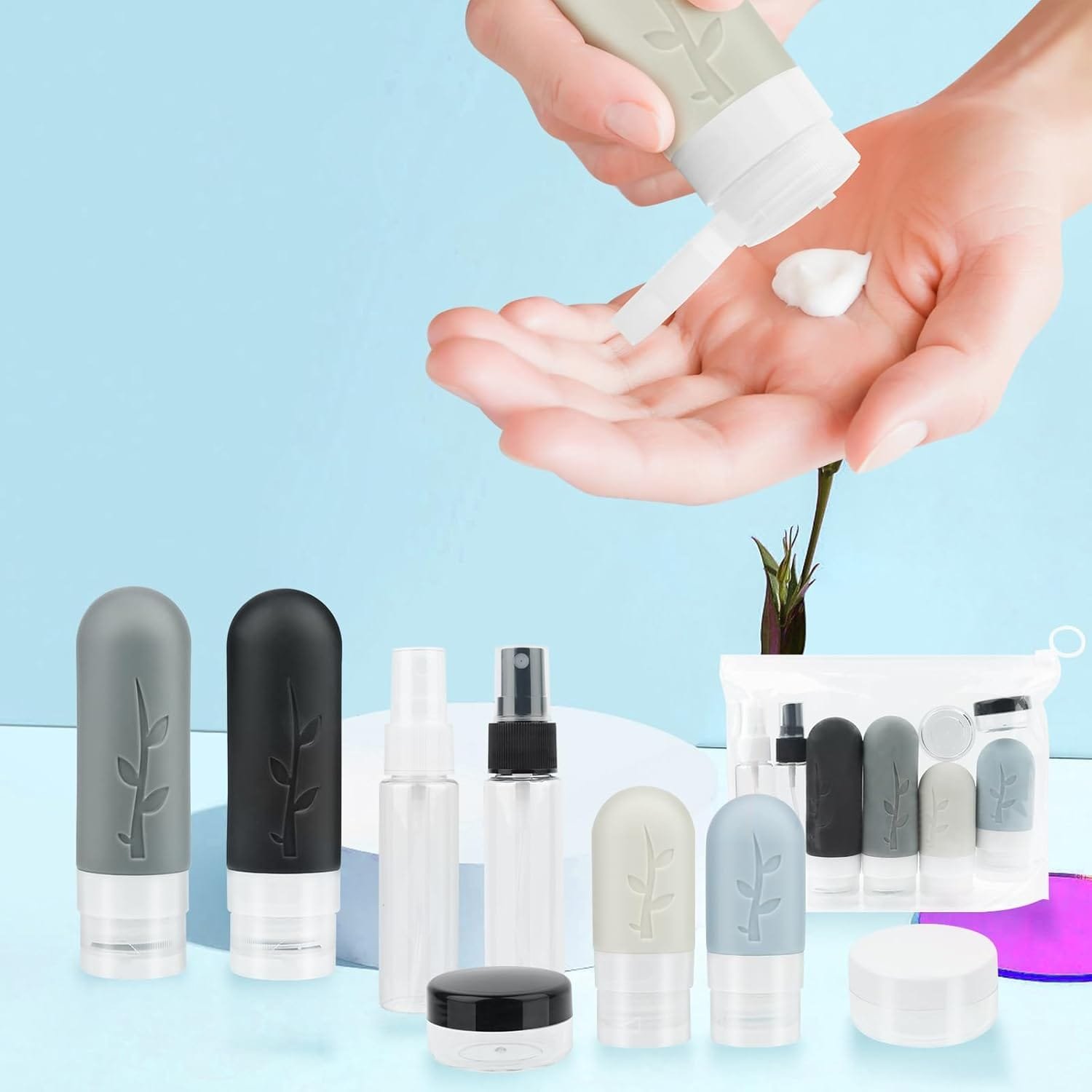 NVIYAM 8 Pack Juego de Botellas de Viaje Silicona Botes Viaje Rellenables kit Viaje Avion Botes Rellenables Viaje Juego de Botes Viaje Rellenables Silicona a Prueba de Fugas Botellas para Cosméticos - Imagen 5