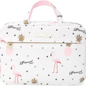 Dizdvizd Bolsas de Aseo para Mujeres, Grande Neceser de Viaje con Colgar Gancho, Impermeable Organizador de Cosméticos - Flamencos