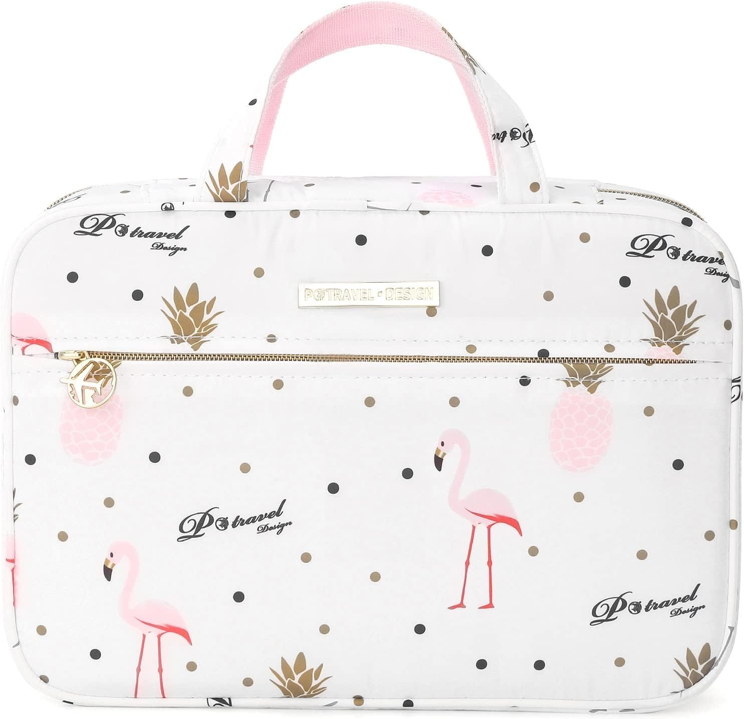 Dizdvizd Bolsas de Aseo para Mujeres, Grande Neceser de Viaje con Colgar Gancho, Impermeable Organizador de Cosméticos - Flamencos