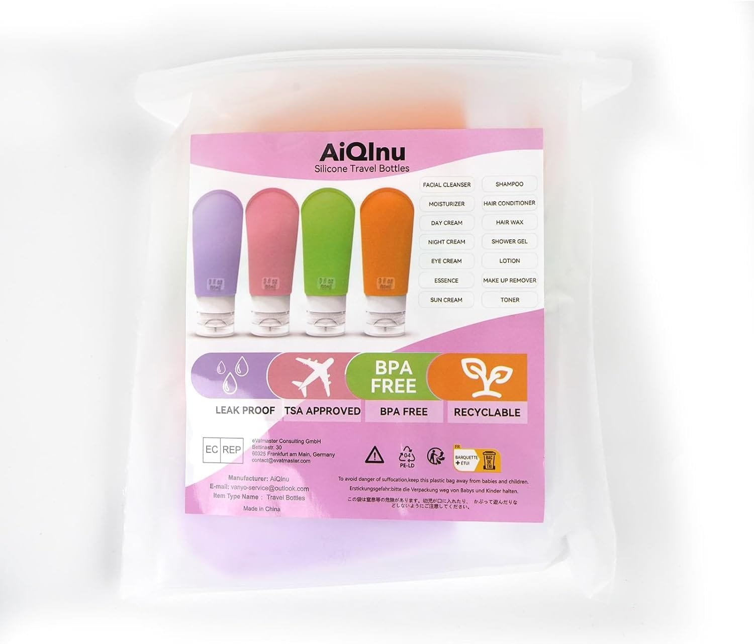 AiQInu Botes Viaje Rellenables 90ml, 4 Piezas Botellas de Viaje de Silicona Prueba de Fugas para Champús, Lociones y Artículos de Tocador, FDA Certificado Sin BPA - Imagen 10
