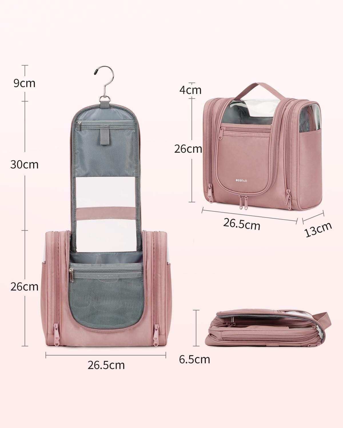 ECOHUB 9L Neceser Viaje Mujer Colgante, Grand Bolsa de Aseo con Gancho Giratorio de 360°, Neceser Maquillaje Organizador Impermeable para Artículos Tamaño Completo Viaje Accesorios, Rosa - Imagen 2