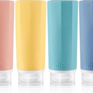 Opret Botellas de Viaje Silicona 4 Pack, Botes Rellenables Viaje de 100ml a Prueba de Fugas para Gel, Champús, Lociones y Artículos de Tocador, FDA Certificado Sin BPA