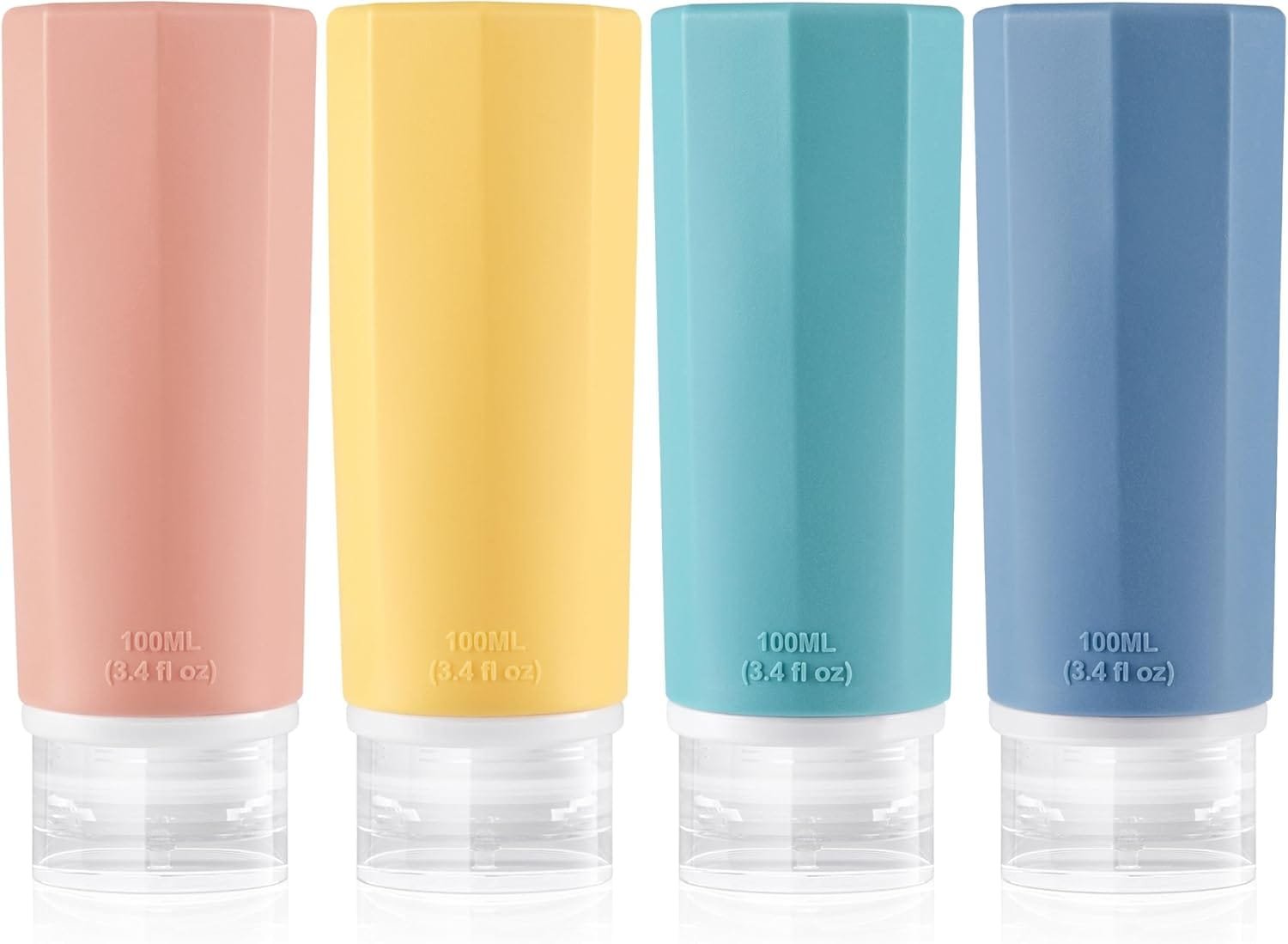 Opret Botellas de Viaje Silicona 4 Pack, Botes Rellenables Viaje de 100ml a Prueba de Fugas para Gel, Champús, Lociones y Artículos de Tocador, FDA Certificado Sin BPA