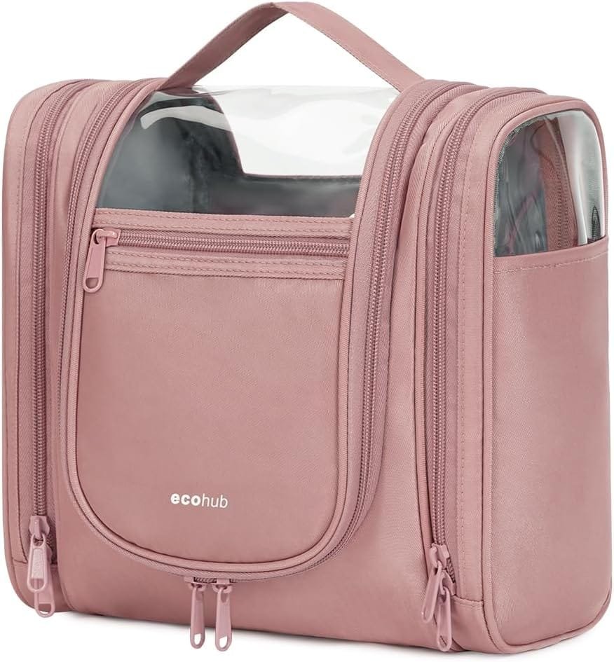 ECOHUB 9L Neceser Viaje Mujer Colgante, Grand Bolsa de Aseo con Gancho Giratorio de 360°, Neceser Maquillaje Organizador Impermeable para Artículos Tamaño Completo Viaje Accesorios, Rosa