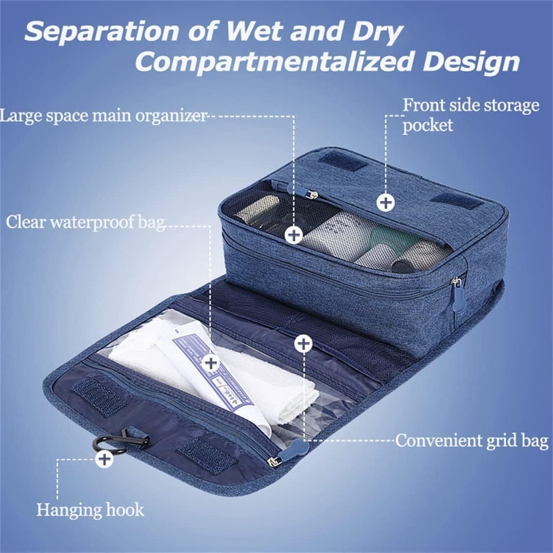 Neceser de viaje,Bolsa de aseo de viaje suspendida,Multi-compartimentos para organizar artículos personales,Gancho de metal para colgar, Azul marino - Imagen 2