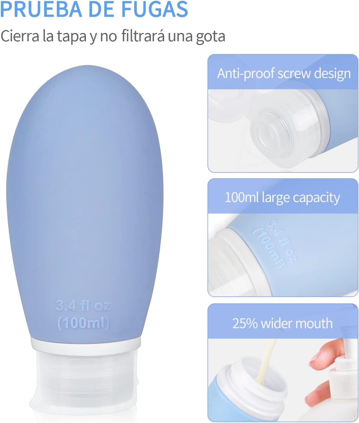 Botellas de Viaje Silicona 18 Pack, Opret Botes Rellenables Viaje de 100ml a Prueba de Fugas para Gel, Champús, Lociones y Artículos de Tocador, FDA Certificado Sin BPA - Imagen 3