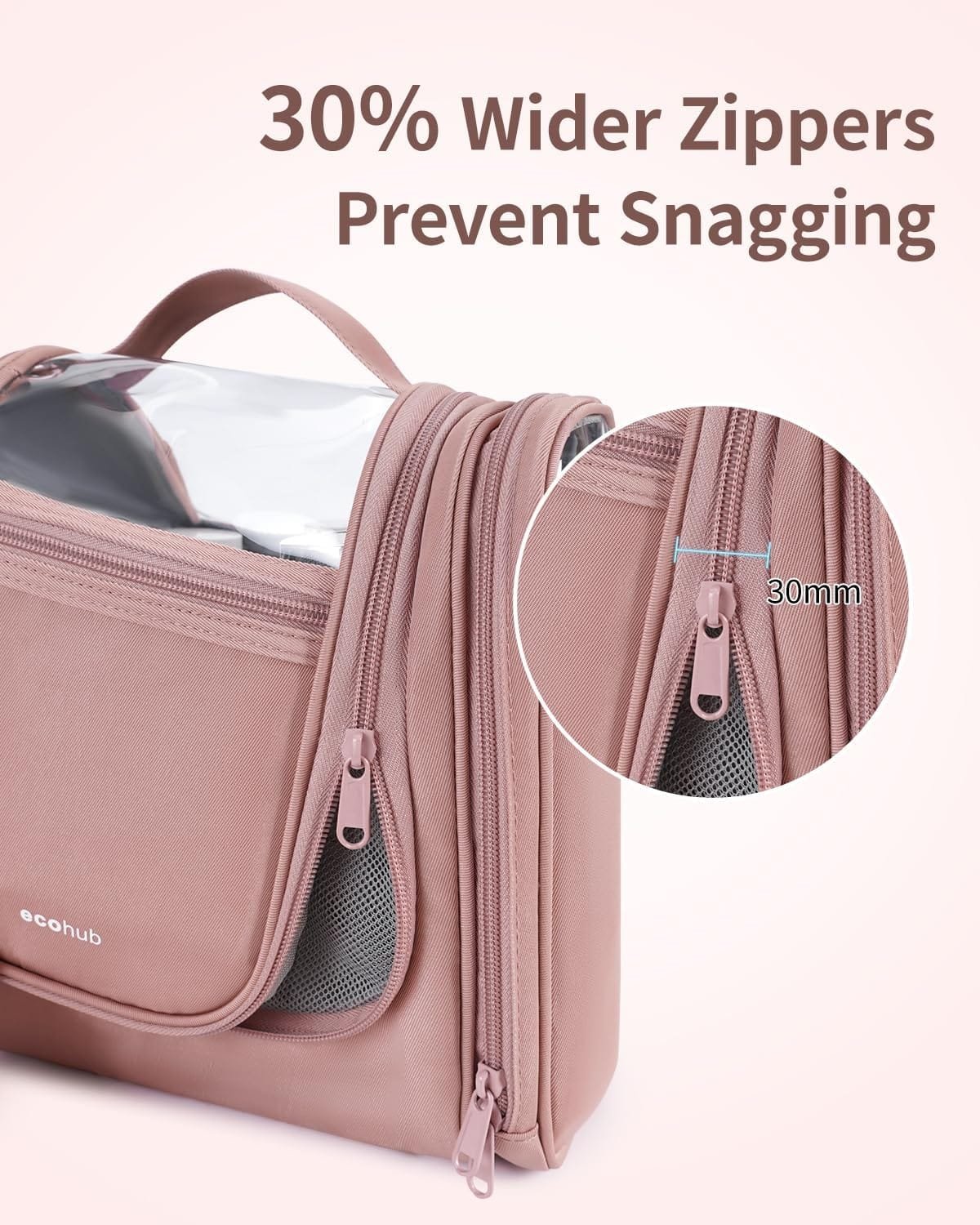 ECOHUB 9L Neceser Viaje Mujer Colgante, Grand Bolsa de Aseo con Gancho Giratorio de 360°, Neceser Maquillaje Organizador Impermeable para Artículos Tamaño Completo Viaje Accesorios, Rosa - Imagen 4
