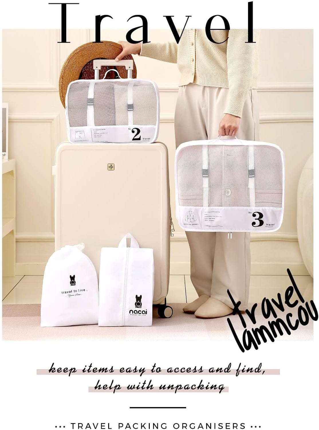 Lammcou Organizador Maleta, 8 en 1 Bolsas de equipaje De Viaje,Packing Cubes con bolsa para cosméticos, bolsa para zapatos, sistema de organización de artículos de viaje para vacaciones y viajes White - Imagen 2