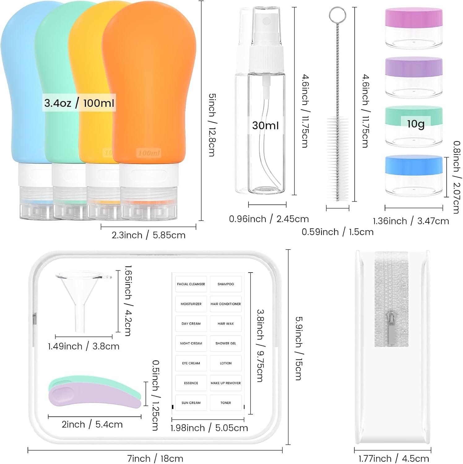 100mlX4 Botellas de Viaje Silicona - Botes Rellenables Viaje, 17 Pack Juego de Botellas Viaje para Champús Lociones y Artículos de Tocador, a Prueba de Fugas, FDA Certificado Sin BPA, Vistoso - Imagen 2