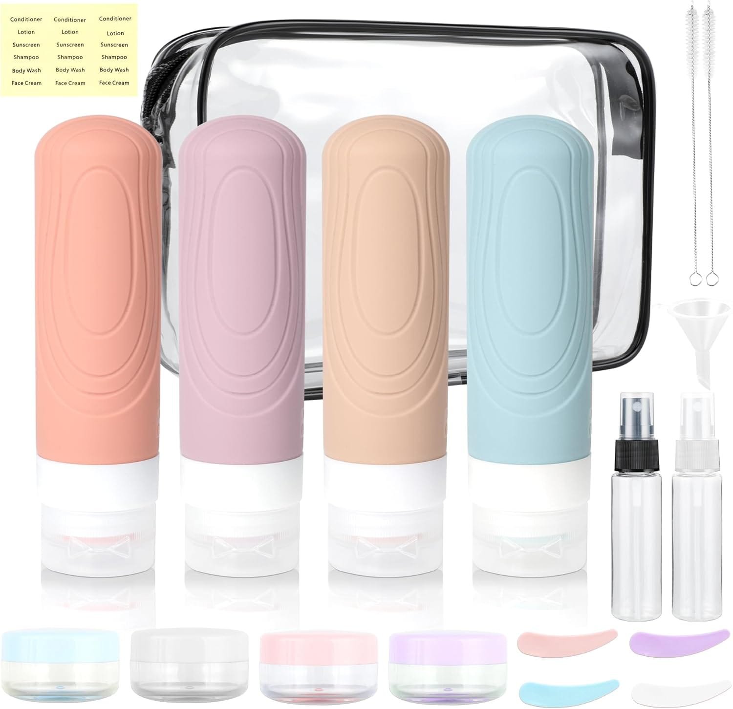 AiQInu Juego De Botellas De Viaje, 19 Pack Botellas De Viaje Silicona 90ml, Botes Rellenables Viaje A Prueba De Fugas Para Gel, ChampúS, Lociones Y ArtíCulos De Tocador, Sin BPA