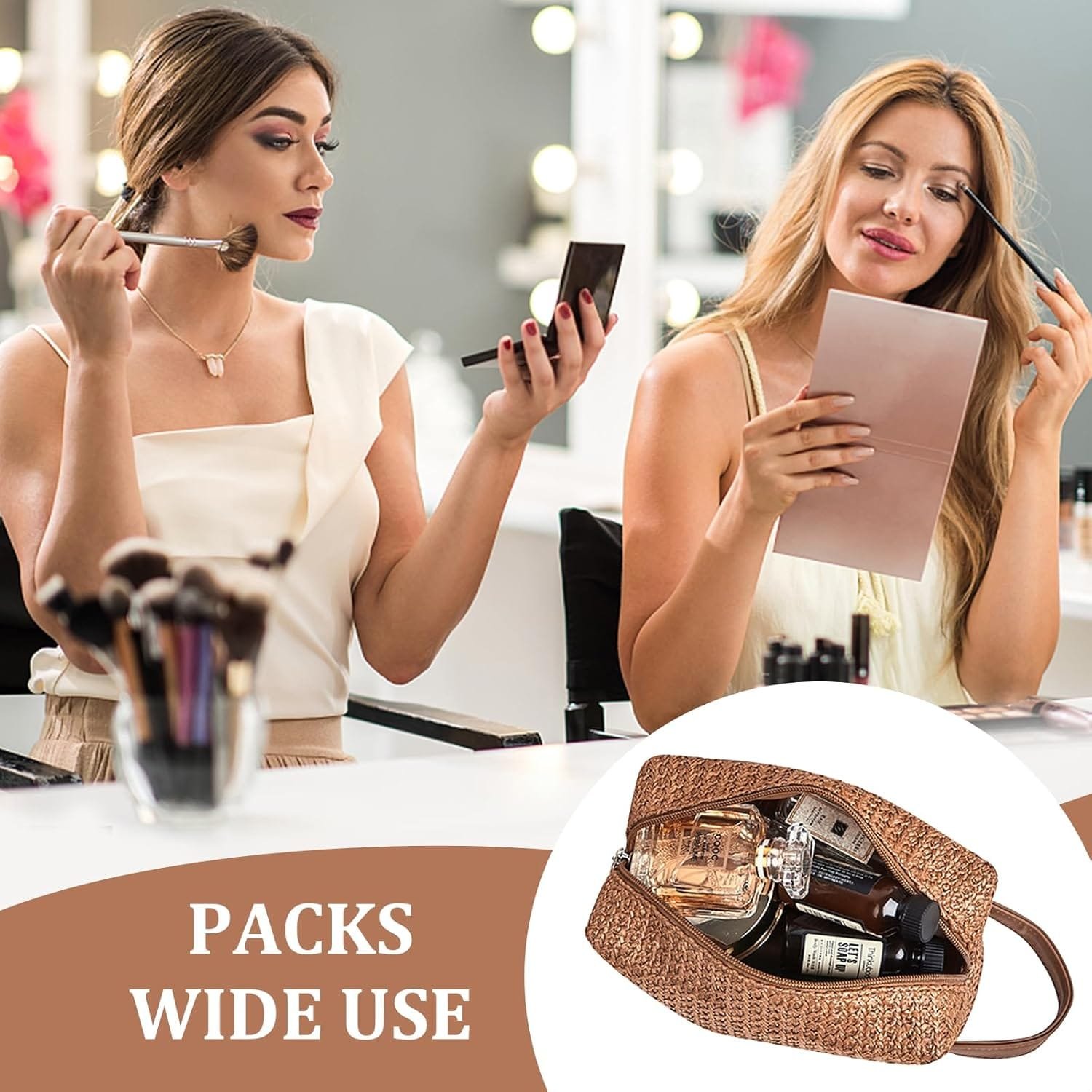 Bolsa de Cosméticos de Viaje de Gran Capacidad, Bolso Portátil del Lavado del Viaje con Cremallera, Bolsa de Maquillaje Bolsa de Cosméticos de Paja para Artículos de Aseo de Las Mujeres (Marrón) - Imagen 6