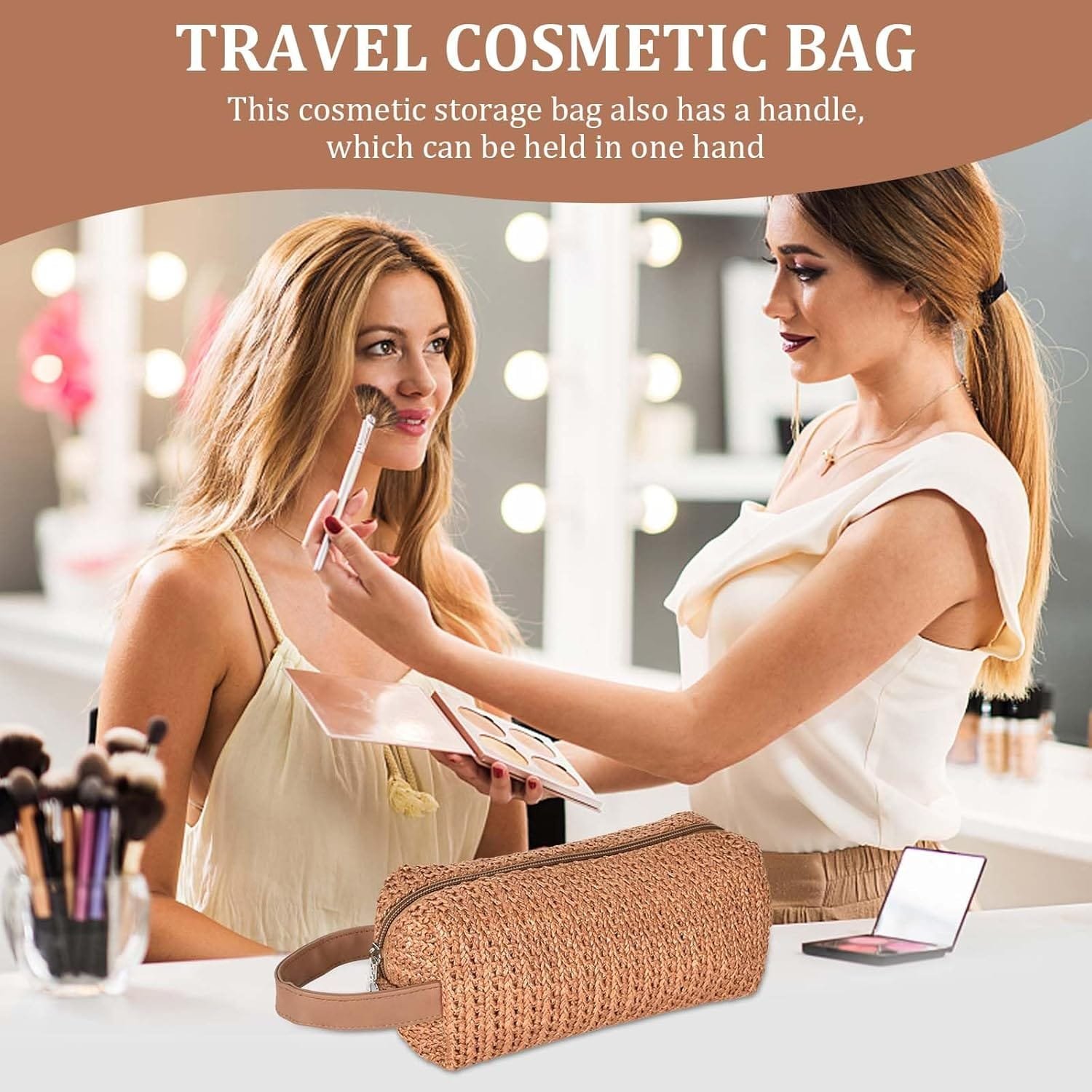 Bolsa de Cosméticos de Viaje de Gran Capacidad, Bolso Portátil del Lavado del Viaje con Cremallera, Bolsa de Maquillaje Bolsa de Cosméticos de Paja para Artículos de Aseo de Las Mujeres (Marrón) - Imagen 2