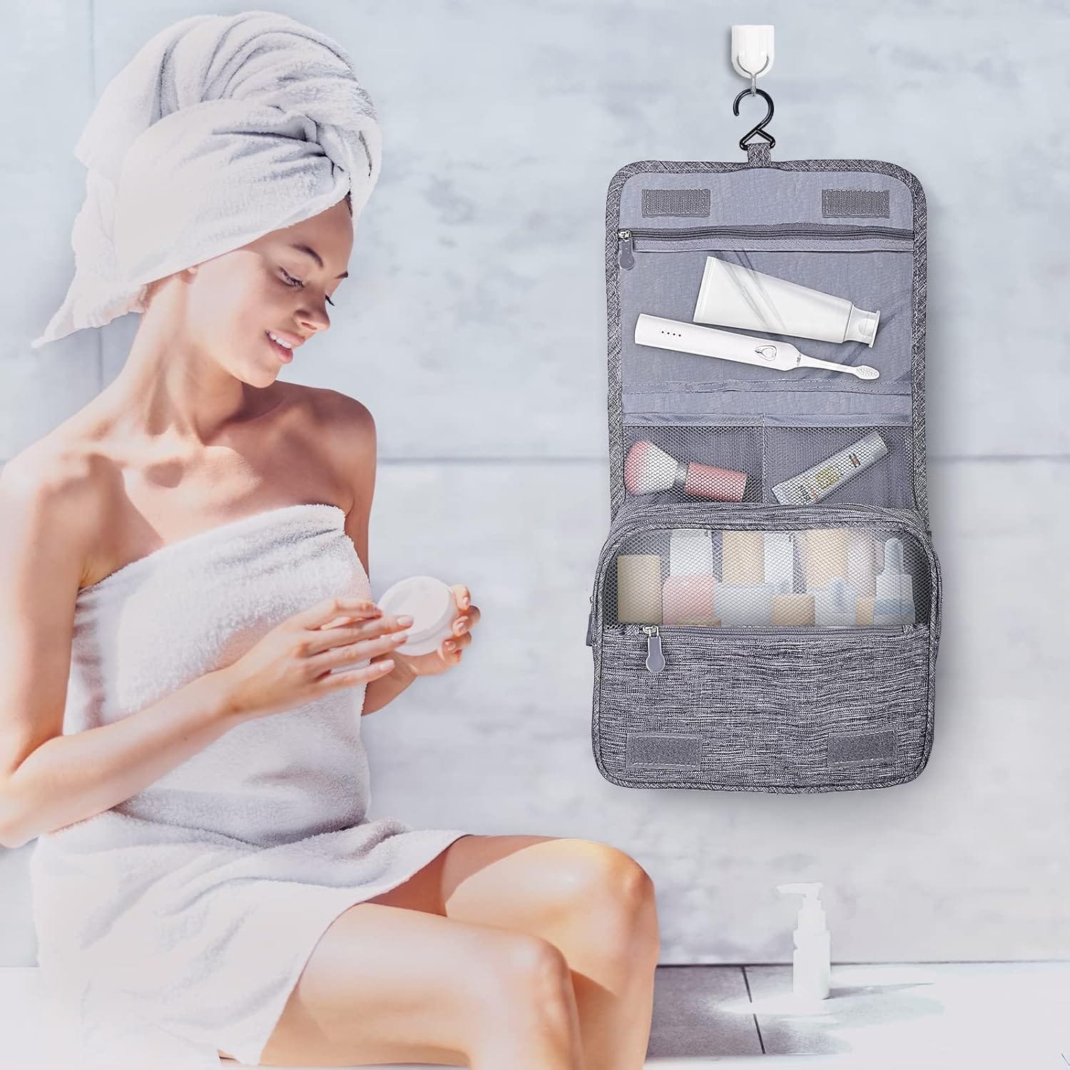 AiQInu Neceser Viaje,Impermeable de Gran Capacidad Neceser Maquillaje,Bolsa de Aseo con Gancho Colgante para Hombre y Mujer Accesorios de Viaje - Imagen 7