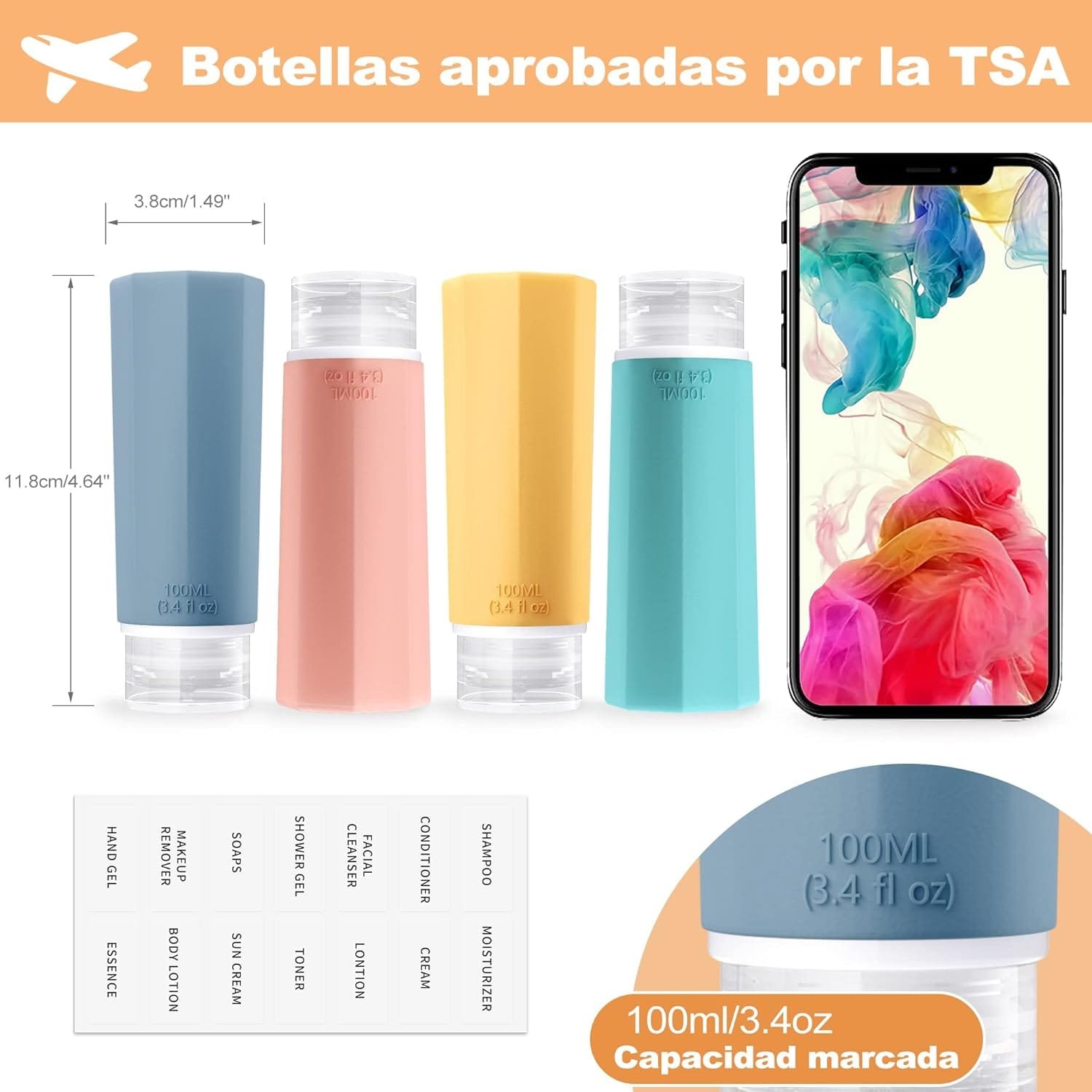 Opret Botellas de Viaje Silicona 4 Pack, Botes Rellenables Viaje de 100ml a Prueba de Fugas para Gel, Champús, Lociones y Artículos de Tocador, FDA Certificado Sin BPA - Imagen 2