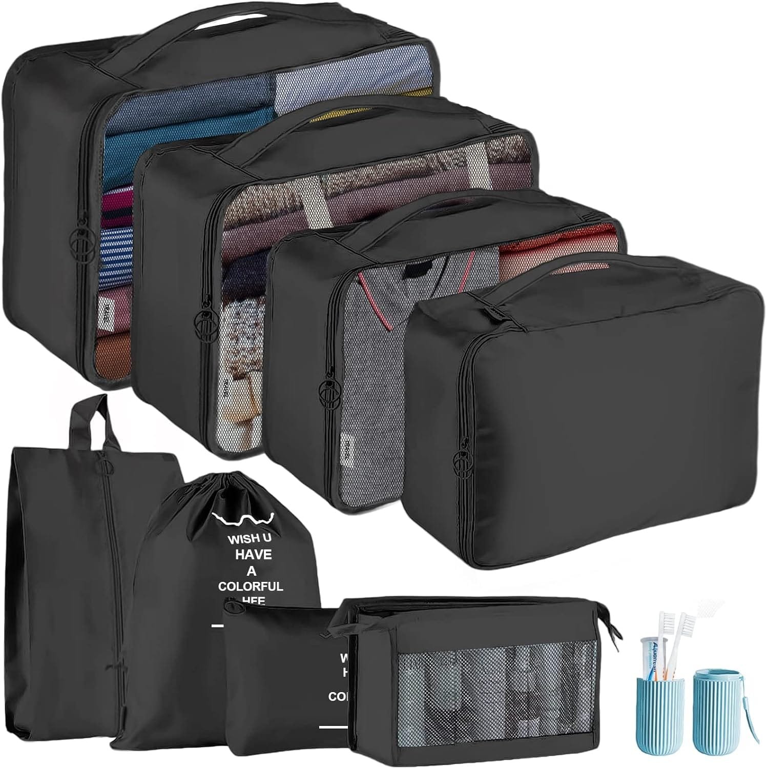 Jsdoin Cubos de embalaje para maleta 9 PCS organizadores de equipaje de viaje para mochila, bolsa de artículos esenciales de viaje impermeable, accesorios de viaje (Negro)