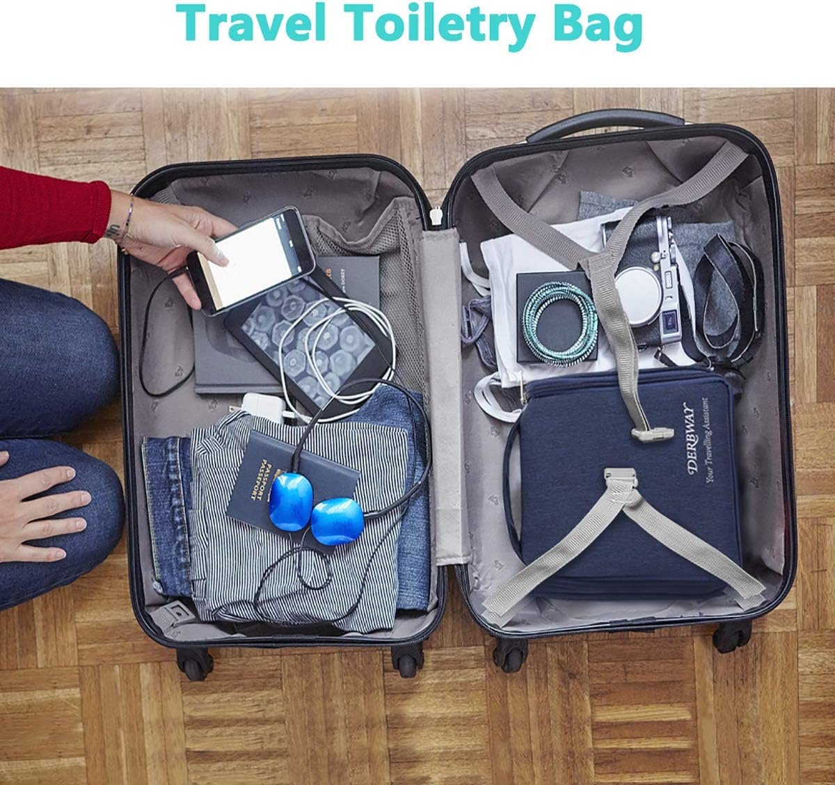 Derbway Bolso de Tocador con Ganchos, Neceser para Viaje Impermeable, Bolsillos Múltiples para Varios Artículos - Azul - Imagen 6