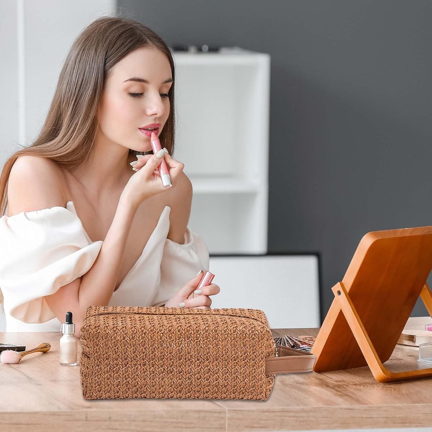 Bolsa de Cosméticos de Viaje de Gran Capacidad, Bolso Portátil del Lavado del Viaje con Cremallera, Bolsa de Maquillaje Bolsa de Cosméticos de Paja para Artículos de Aseo de Las Mujeres (Marrón) - Imagen 5