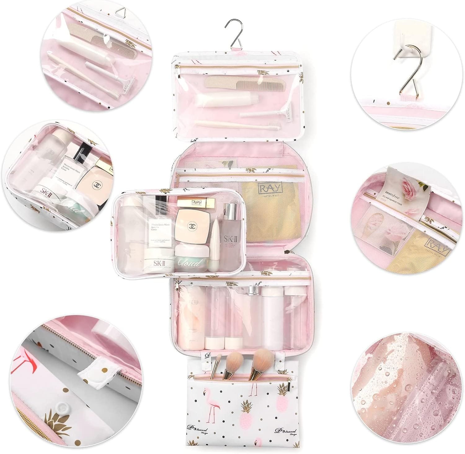 Dizdvizd Bolsas de Aseo para Mujeres, Grande Neceser de Viaje con Colgar Gancho, Impermeable Organizador de Cosméticos - Flamencos - Imagen 3