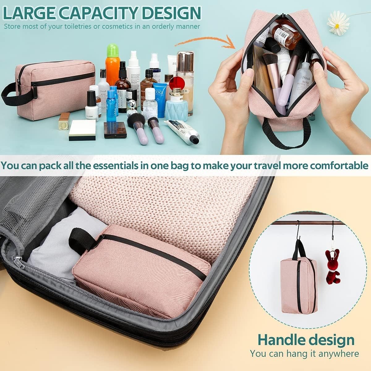 FUNSEED Neceser de viaje para mujeres y hombres, bolsa de afeitado resistente al agua para accesorios de artículos de tocador, bolsas de almacenamiento plegables con divisor y asa para cosméticos, - Imagen 3