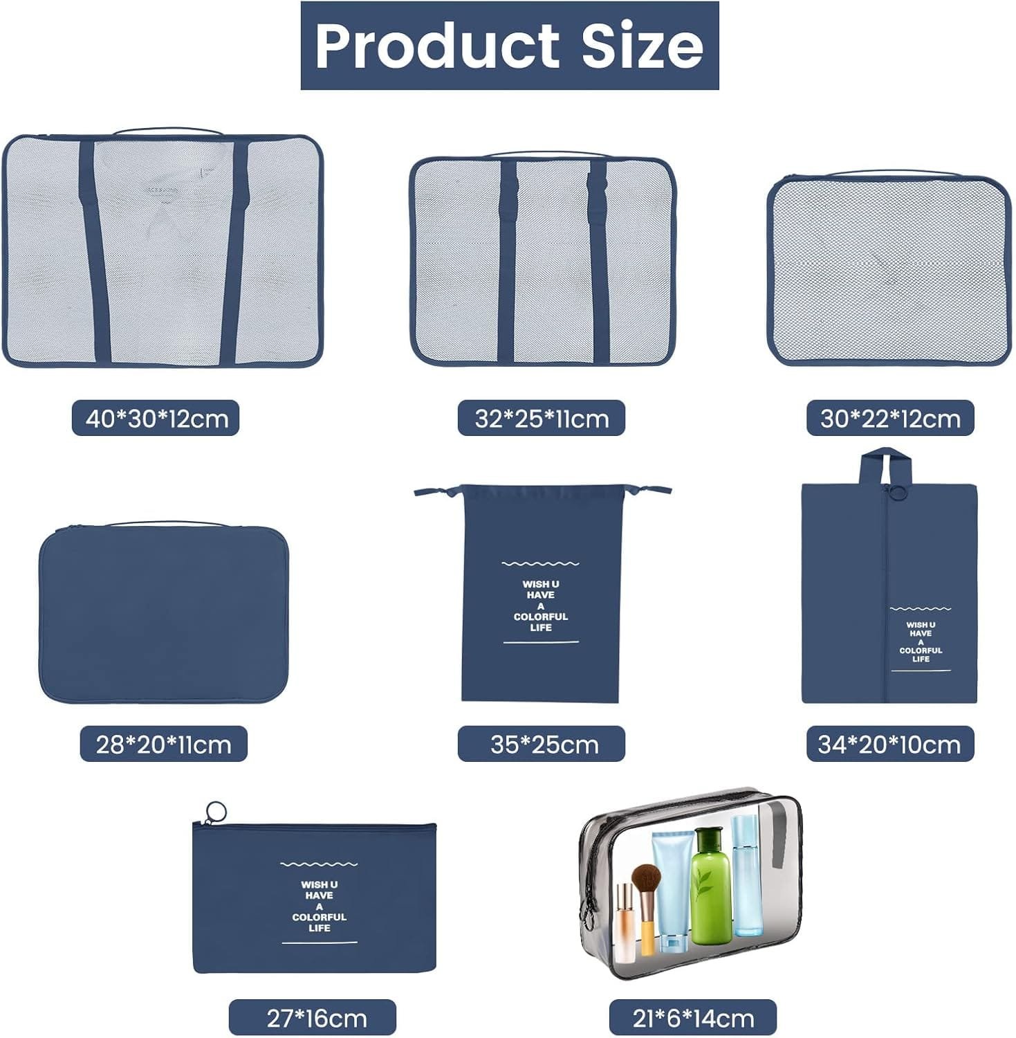 Sarsumir Organizador Maleta, 8 Piezas Organizador de Equipaje Packing Cubes Bolsas Organizadoras Viaje con Zapatos Impermeables Almacenamiento Artículos Tocador Bolsas Ropa, Azul Marino - Imagen 5