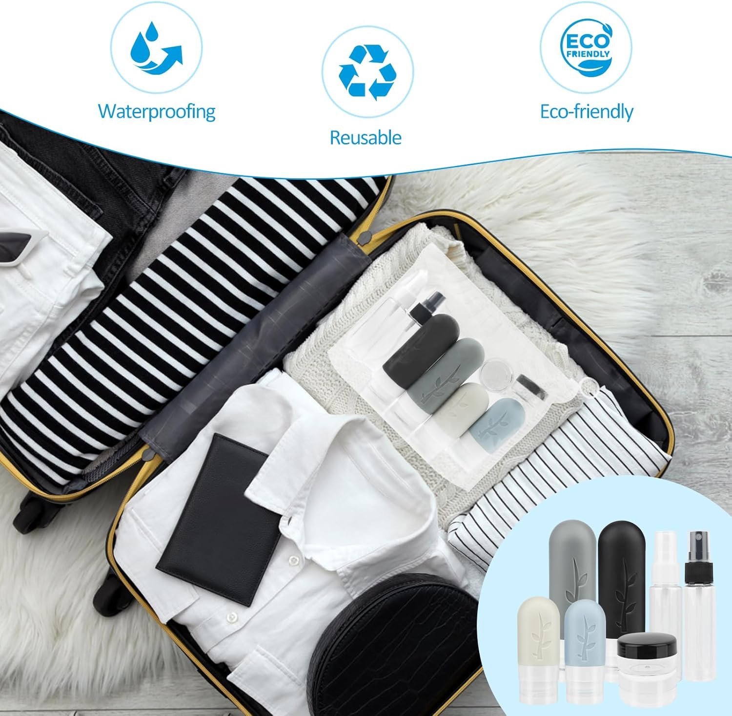 NVIYAM 8 Pack Juego de Botellas de Viaje Silicona Botes Viaje Rellenables kit Viaje Avion Botes Rellenables Viaje Juego de Botes Viaje Rellenables Silicona a Prueba de Fugas Botellas para Cosméticos - Imagen 6