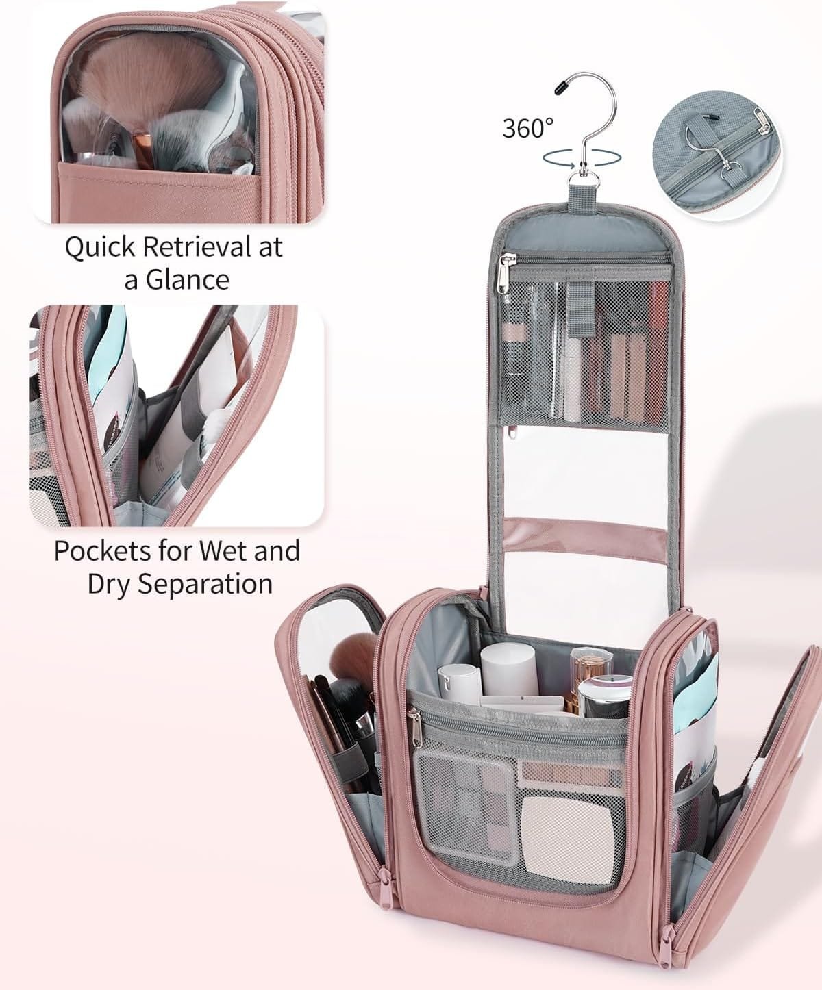 ECOHUB 9L Neceser Viaje Mujer Colgante, Grand Bolsa de Aseo con Gancho Giratorio de 360°, Neceser Maquillaje Organizador Impermeable para Artículos Tamaño Completo Viaje Accesorios, Rosa - Imagen 6