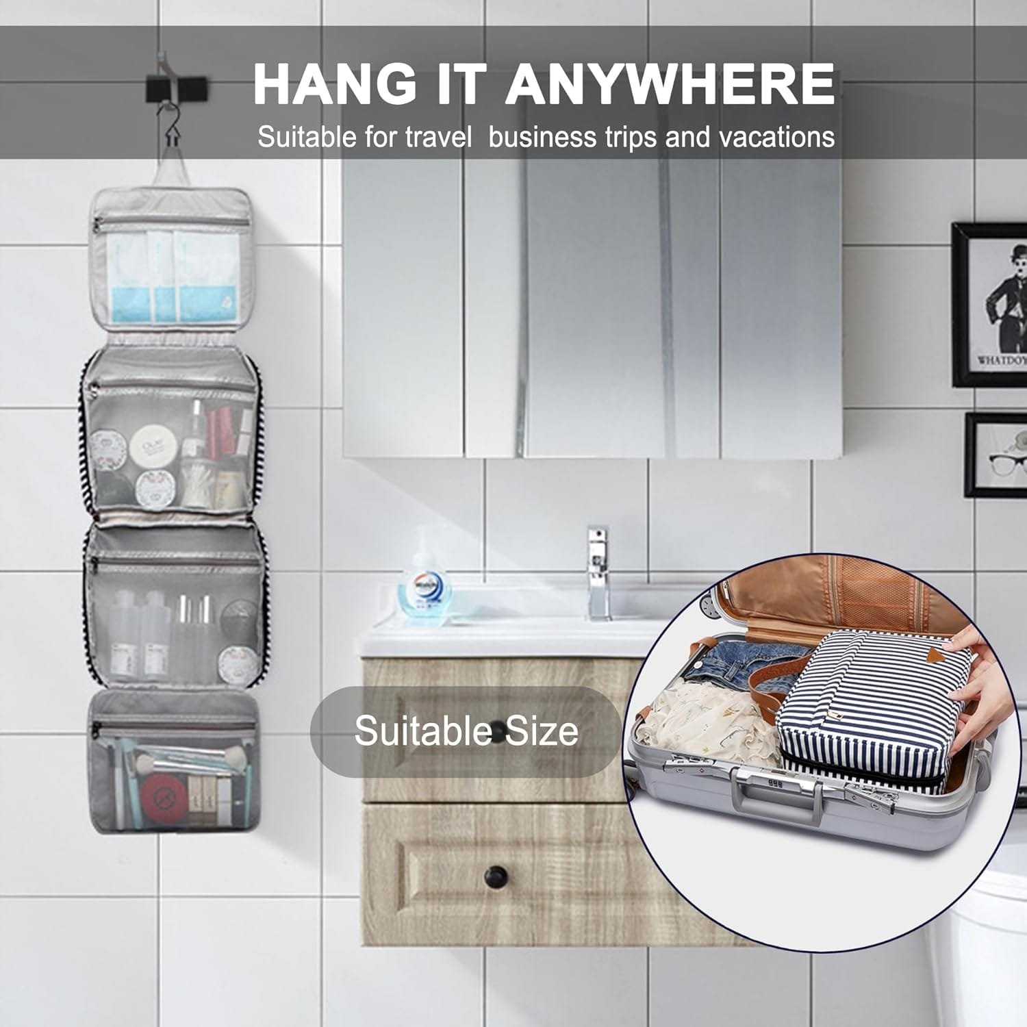 Organizador de artículos de tocador de Viaje para cosméticos de Gran Capacidad para Mujeres con 4 Compartimentos y 1 Gancho Resistente, Viajes/Uso Diario - Imagen 4